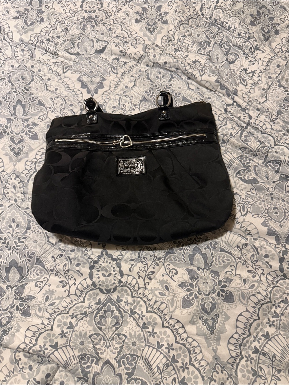 Coach Black Signature Shoulder Bag with Heart Zip Pull